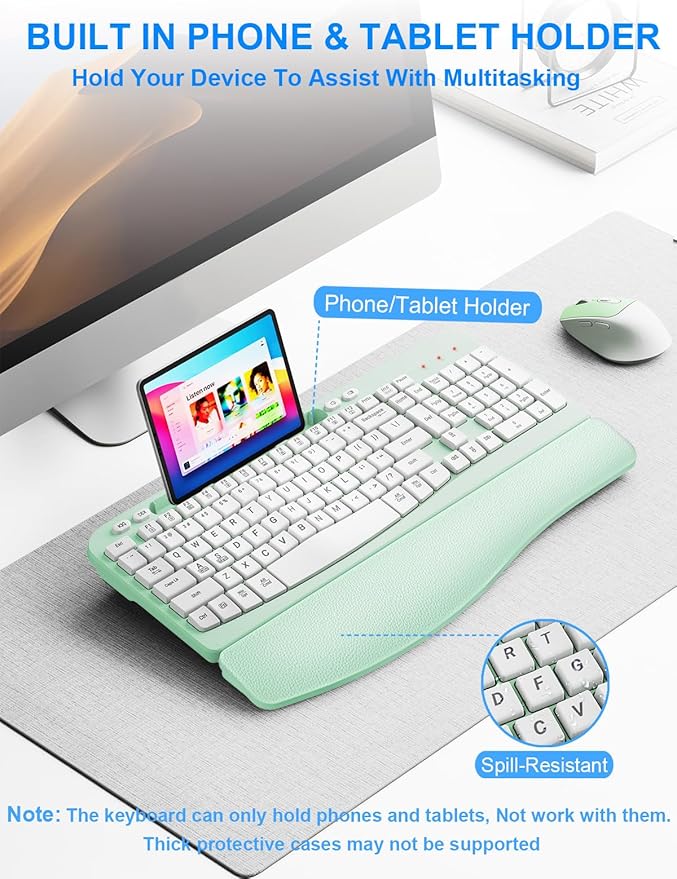 Wireless Keyboard and Mouse Combo, Wave Keys Computer Ergonomic Keyboard with Cushioned Plam Rest, Phone Holder, 2.4GHz Silent 6 Button Wireless Mouse Set for Laptop, PC, Windows, Mac (Mint Green)