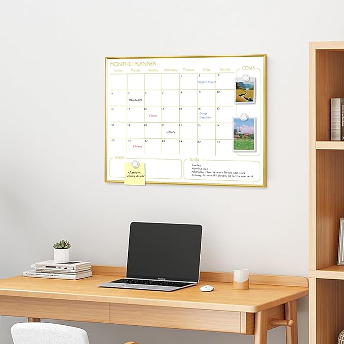 Dry Erase Calendar Whiteboard for Wall, 24'' x 18'' Monthly White Board Planner with Gold Frame, Magetic Hanging Wipe Board for Home Office School Dorm