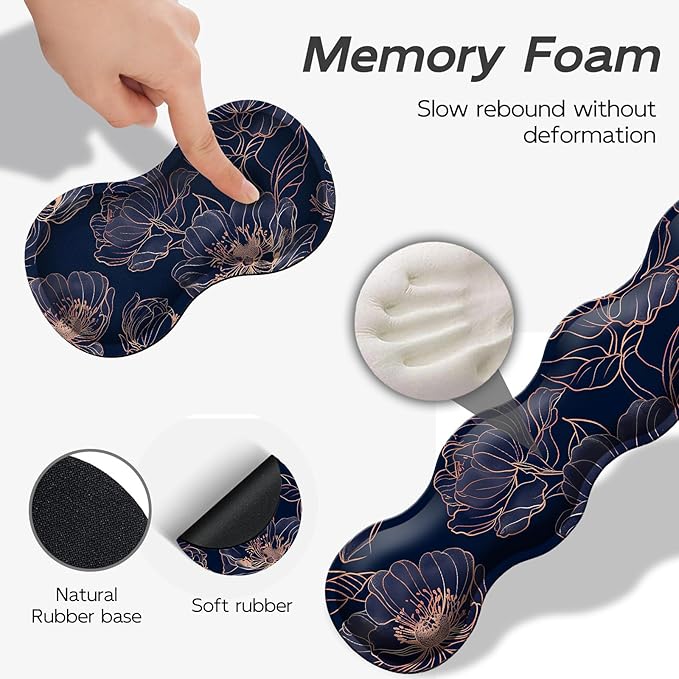 Gaming Mouse Pad Set Rose Gold Line Art Flowers Large Desk Mat Mousepad, Keyboard Wrist Support, Mouse Wrist Rest, Coaster 4in1 Ergonomic Memory Foam, Non-Slip Stitched Edge for Home Office