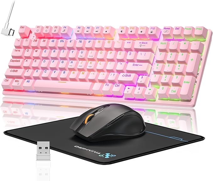 Wireless Mechanical Keyboard and Mouse Combo, 98-Key Gaming Keyboard with RGB Backlit, Tri-Mode BT5.0/2.4G/USB-C, 4000mAh Battery, 3200 DPI Gaming Mouse with Mouse Pad for PC, Laptop (Pink -Light)
