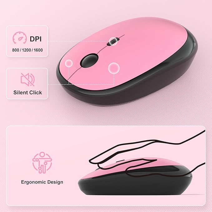 Wireless Keyboard Mouse Combo - Lovely CherryPink-Gradient Rainbow Full-Sized Typewriter Colorful Keyboards, Round Keycap Plug Play Retro Cute Keyboards for Windows, Laptop, PC, Desktop, Computer