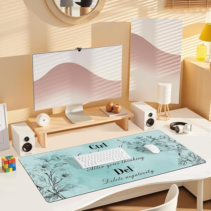 Desk Mat for Keyboard and Mouse, Large Mouse Pad for Desk, Non-Slip Keyboard Pad, Computer Mats for Desktop, Cute Pad with Stitched Edges for Office, Gaming I Mint Green Ctrl Alt Del