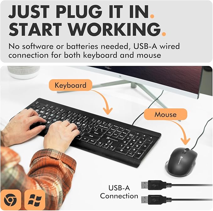 X9 Performance Wired Keyboard and Mouse Combo - Easy to See Backlit Large Print Keyboard Mouse for PC and Windows with 107 Light Up Keys, 7 Color LEDs, USB Wired, 4 DPI Modes