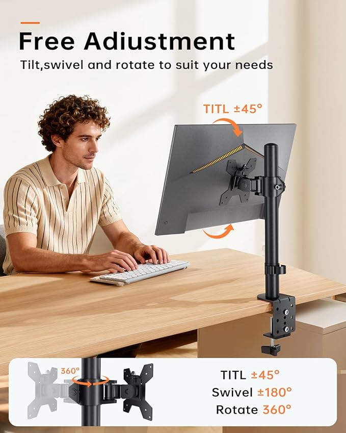 Monitor Arm Desk Mount for 13-27'' Monitors, Single Extra Tall 31.5 Inch Monitor Stand Holds up to 17.6lbs with Swivel, Tilt, Height Adjustable, C-Clamp, 75x75-100x100mm VESA