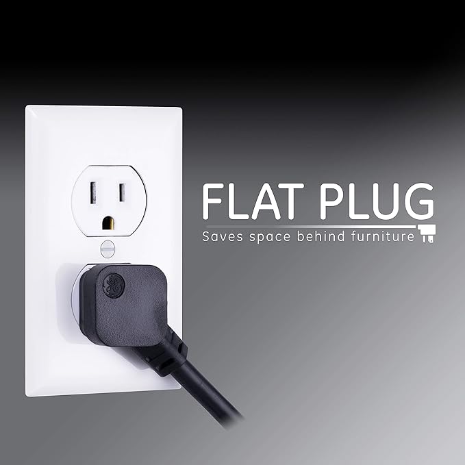 GE Surge Protector Power Strip, 8 Ft Extension Cord, 6 Outlet Extender, 1300 Joules, Flat Plug, Twist-to-Close Safety Covers, ETL Listed, Black, 33662