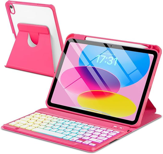 Case with Keyboard for iPad A16 11th 10th Generation 11/10.9 inch,Rainbow Backlit Detachable Keypad Rotatable Magnetic Cover with Pencil Holder for iPad 11 2025 10 Gen 2022 Watermelon Red