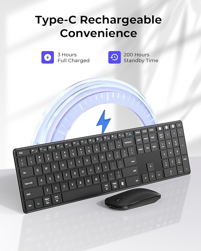 seenda Wireless Bluetooth Keyboard and Mouse Combo, SKM64-3 Rechargeable Slim Quiet Keyboard Mouse, 3 Multi-Device Connection, Compatible for Windows, Mac, MacBook, iPad, Tablet, Black