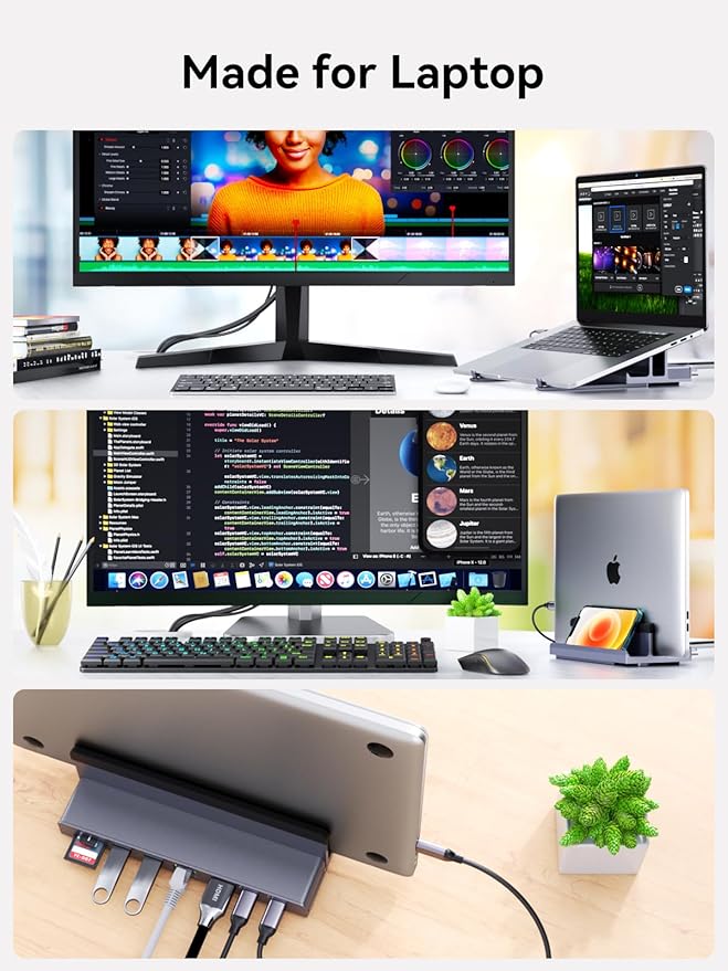 Laptop Docking Station Stand: QUUGE 7 in 1 USB C Dock with HDMI 2.0 4K 60Hz, RJ45 Ethernet, 2 USB3.0 Ports, 100W PD, MicroSD/SD 3.0, Universal Laptop Stand Docking Station