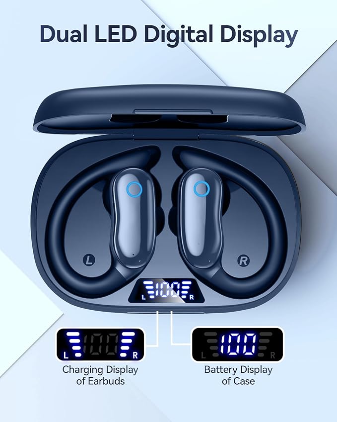 GNMN Active Noise Cancelling Ear Buds Wireless Earbuds 96hrs Playback Bluetooth Headphones Dual Battery Display Stereo Bass Earphones with Earhooks Microphone IPX7 Waterproof for Sports/Workout