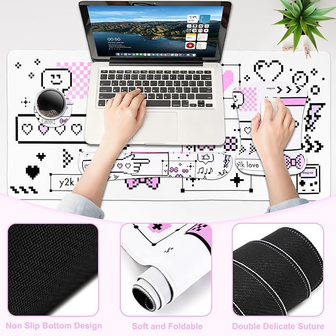 MEGREZ 4-in-1 Ergonomic Memory Foam Wrist Rest Set, Desk Pad, Mouse Pad with Wrist Rest, Keyboard Pad, Suitable for Office Workers, Programmers & Gamers–Relieve Typing & Gaming Fatigue, White Masaic