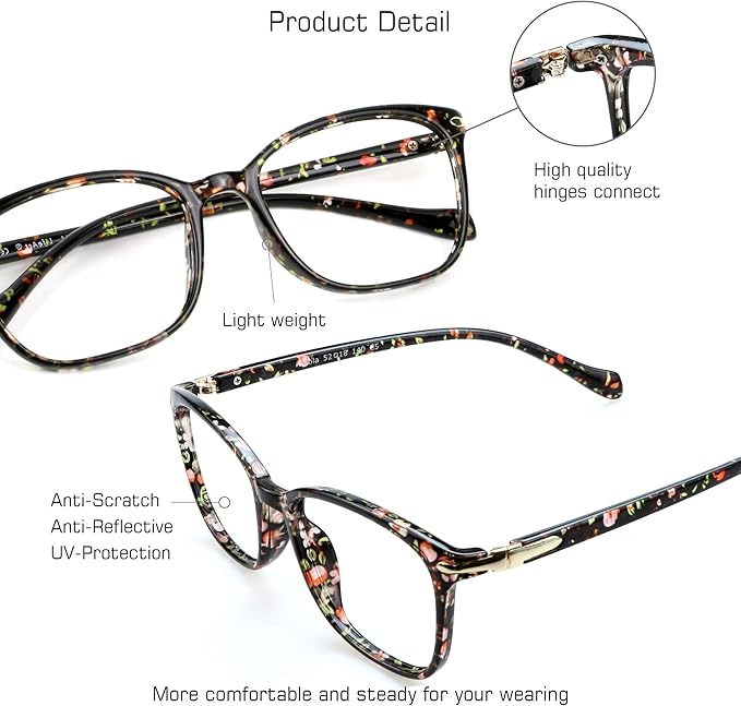 VisionGlobal Blue Light Blocking Glasses for Women, Anti Eyestrain, Computer Reading, TV Glasses, Stylish Square Frame, Anti Glare(Floral,No Magnification)