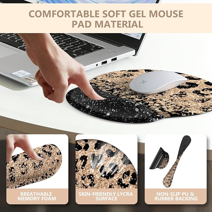 iLeadon Mouse Pad Set, Desk Mat + Mouse Pad with Wrist Rest + Keyboard Wrist Rest + Coaster, 4in1 Leopard Mouse and Keyboard Pad Set for Home Office, Black Gold Leopard