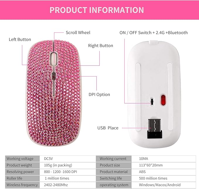 Bluetooth Mouse,Bling Dazzling 2.4GHz Rechargeable Wireless Mouse Slim Mouse with USB Receiver, Compatible with Notebook, PC, Laptop, Computer, MacBook,Great Present idea for Her (Pink)