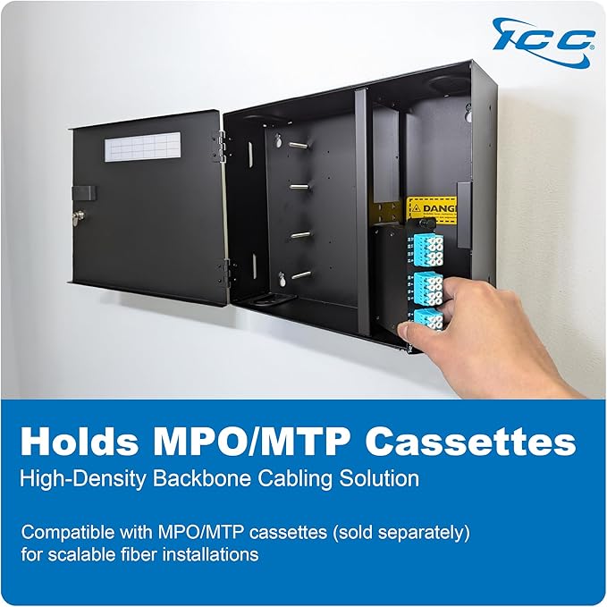 ICC Fiber Optic Wall Mount Enclosure – 4 Slots for LGX Compatible Adapter Panels or Cassettes (Sold Separately), Fiber Enclosure Supports up to 96 Fibers, Secure Fiber Management Solution, ICFODE41WM