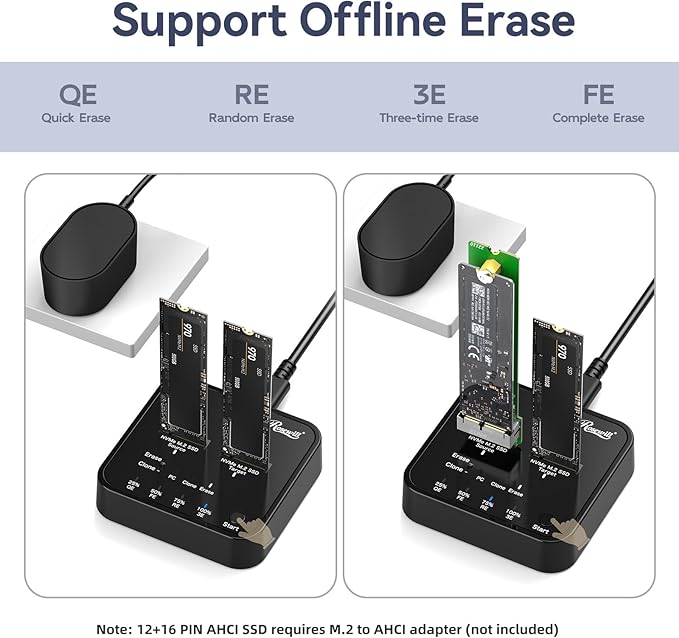 Rosewill M.2 NVMe Cloner + Eraser, M.2 Duplicator Dual Bay NVMe Enclosure, Tool-Free 20Gbps USB3.2 Gen 2X2 SSD to USB Adapter M.2 Docking Station for M Key PCIE NVMe SSD Reader, Offline Clone & Erase