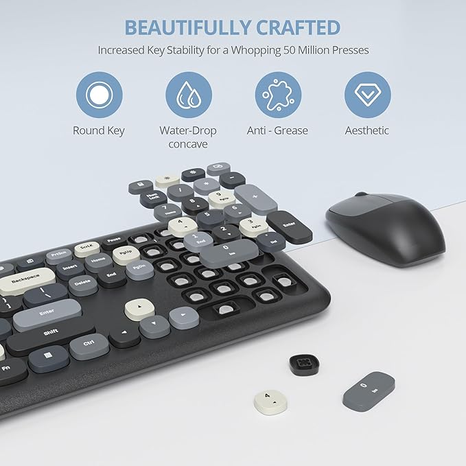 Surmen Colorful Black Quiet Keyboard and Mouse Wireless, Full-Size Girly Slient Keyboard Retro Typewriter Low-Noise 2.4GHz for Computer, Desktop, Laptop (X110-Blend Gray)