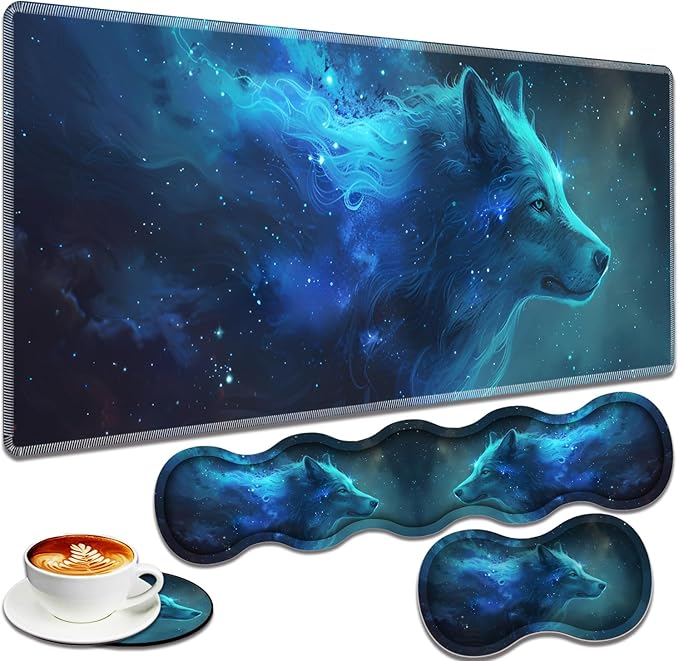 Large Gaming Mouse Pad + Keyboard Wrist Rest + Wrist Support + Coaster Set, Memory Foam Ergonomic for Easy Typing, XXL Extended Gaming Mouse Pad Table Pad - Nebular Wolf