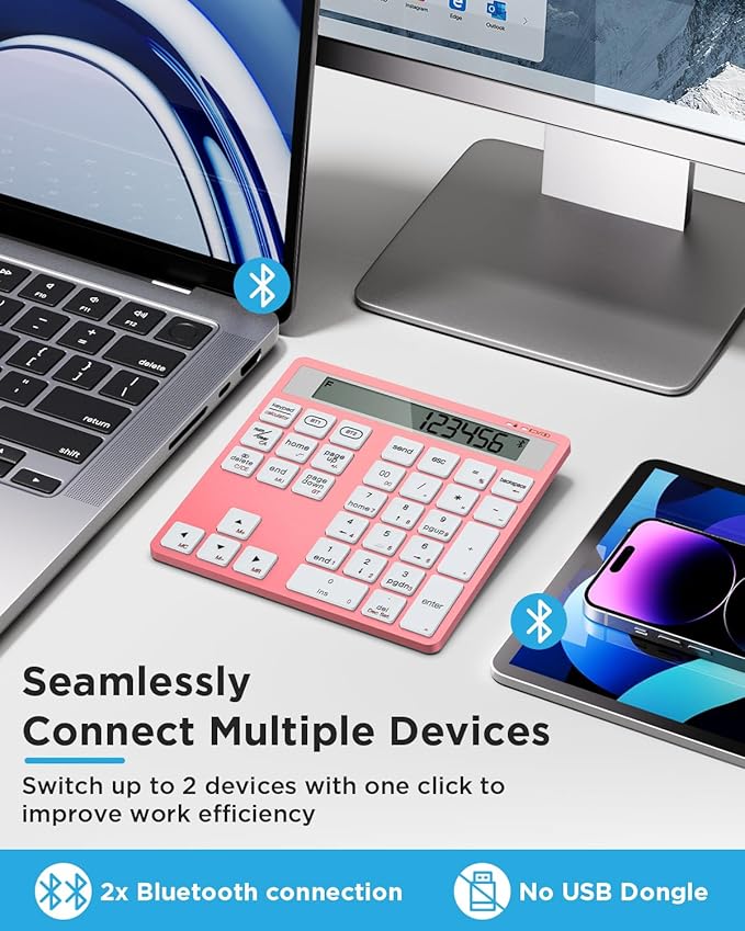HoRiMe Number Pad for Laptop - Rechargeable Wireless Number Keypad 34 Keys with Dual Bluetooth, 2 in 1 Numeric Keypad Calculator with Display - Portable Slim Numpad for Windows, Mac, iMac, PC, Tablet