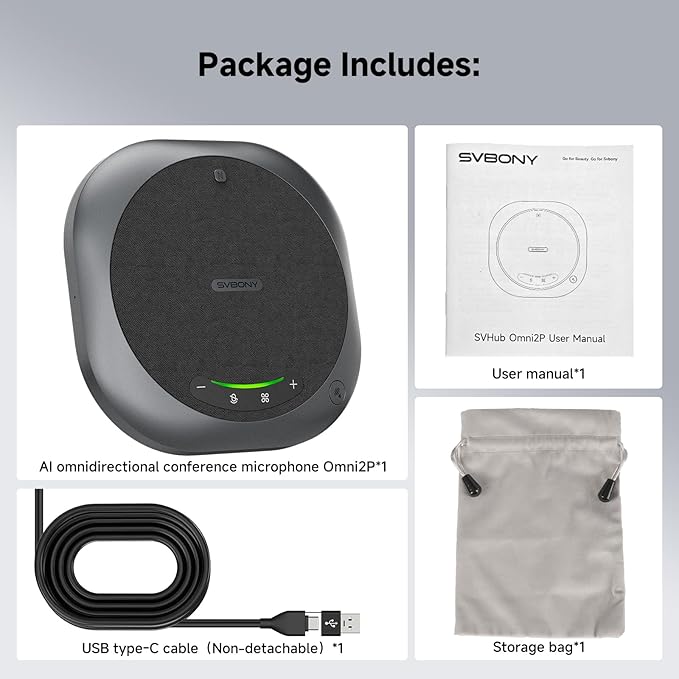 SVBONY Omni2P Conference Microphone,Dual Loudspeaker&2 Pickup Modes for Conference Room, AI Bidirectional Noise Cancellation, Bluetooth 5.3, 6 Mics Supports 20 People Telephone Audio for Zoom Meetings