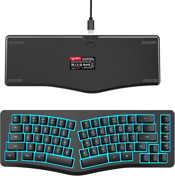 HXMJ-Wired Ergonomic Gaming Keyboard,Mechanical Feel,Detachable USB Cable,69 Keys,RGB Backlit-Black