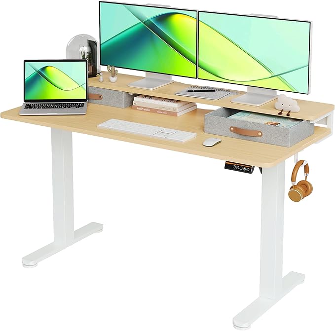 Seang Electric Standing Desk with 2 Drawers, Adjustable Standing Desk with Storage Shelf, Height Adjustable Stand up Desk for Home Office with 3 Presets & 2 Hooks,55 Inch, Natural