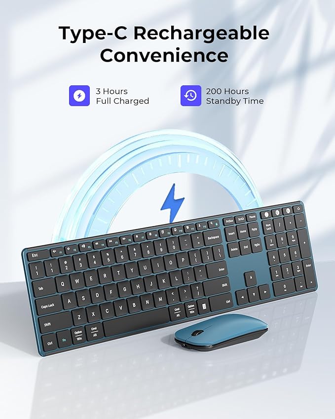 seenda Wireless Bluetooth Keyboard and Mouse Combo, SKM64-3 Rechargeable Slim Quiet Keyboard Mouse, 3 Multi-Device Connection, Compatible for Windows, Mac, MacBook, iPad, Tablet, Black Blue