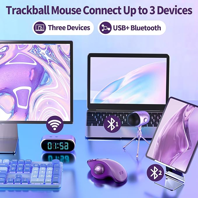 seenda Wireless Trackball Mouse, Bluetooth - Ergonomic Rollerball Mouse Rechargeable, 3 Device Connection Optical Mice Adjustable DPI Thumb Control Mice Compatible for Mac/Android/Windows - Purple
