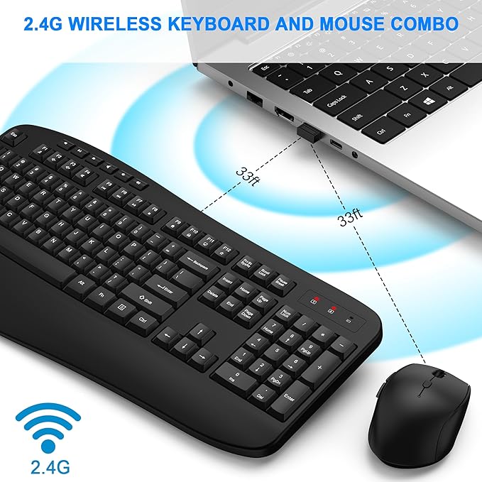 Wireless Keyboard and Mouse Combo, Full Size Ergonomic Keyboard with Palm Rest, Comfortable Natural Typing, 2.4G Lag-Free, Sleep Mode, 3 Level DPI Computer Mouse Keyboard for Laptop, Desktop, Windows
