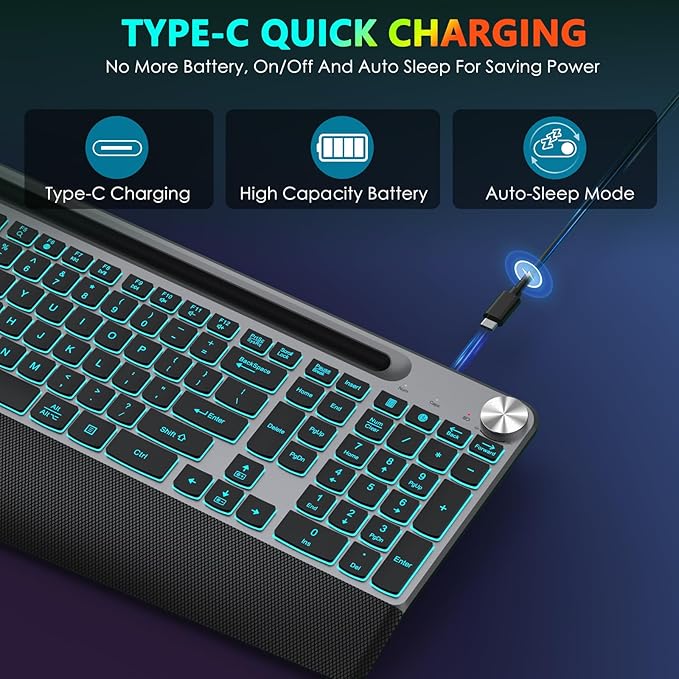 JOYACCESS Ergonomic Wireless Keyboard with Phone Holder,Rechargeable Backlit Wireless Keyboard with Wrist Rest and Volume Knob for Laptop, PC, Mac, Windows-Black Gray