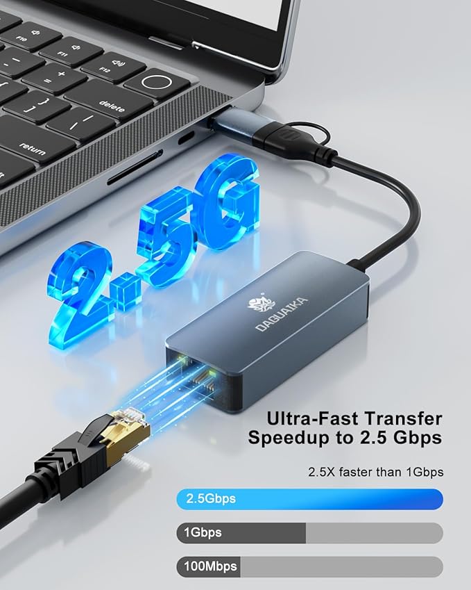 USB C to Ethernet Adapter 2.5G, 2-in-1 USB (Thunderbolt 4/3 Compatible) to RJ45 Laptop Network Internet Converter, Aluminum Portable, Compatible for NAS, MacBook Air/Pro, XPS, iPhone 15/16/17 Pro/Max