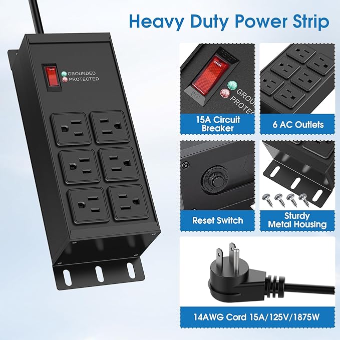 Heavy Duty Power Strip Surge Protector 2500J, 15A 1875W 6 Outlets Extension Cord 4FT 14AWG with Flat Plug, Metal Power Strip for Kitchen Appliances, Workshop, Garage & Office (Black, 4FT)