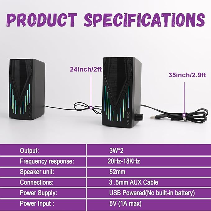 Black Wired Computer Speakers, USB Powered Gaming Speakers with Zero-Lag Audio, Dynamic RGB Lighting, 3.5mm Aux Cable for PC Desktop Monitor Laptop Tablet