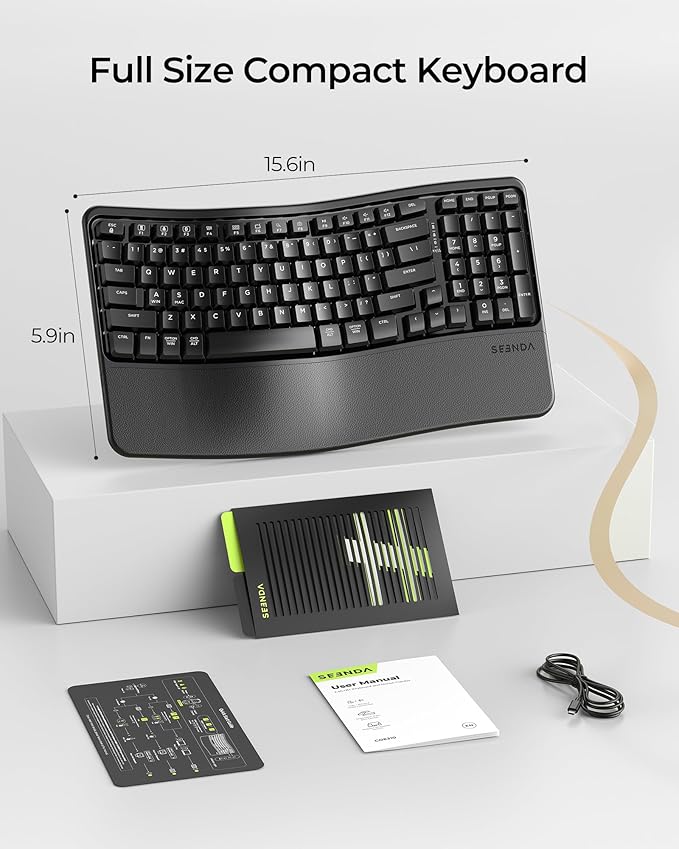 seenda Bluetooth Ergonomic Keyboard, COE311 Wireless Keyboard with 3 Multi-Device Connectivity, Rechargeable, Wave Keys, Soft Wrist Rest, Compatible for Windows/macOS/PC/Laptop/MacBook/iPad - Black