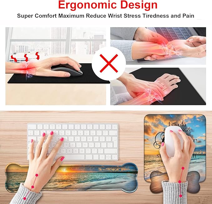 Wrist Rest Support Ergonomic Gel Mouse Pad and Memory Foam Keyboard Set, Non-Slip Rubber PU Base for Home Office Working Studying Easy Typing & Pain Relief, Bible Verse Phil 4:13
