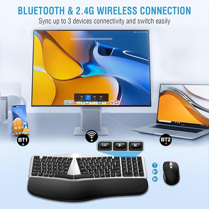 Ergonomic Wireless Keyboard Mouse Combo, EDJO Bluetooth/2.4G Dual Channel, Split Design, Soft Foam Palm Rest, 4 Level DPI Adjustable Wireless Mouse, Rechargeable, for Windows/Mac/Android(Sliver)