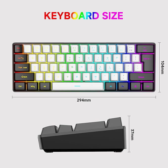61-Key Compact RGB Gaming Keyboard – 60% Layout, Ergonomic Membrane Keys, 8-Color Backlight, Plug & Play for PC/Laptop (Windows 10/8/7)