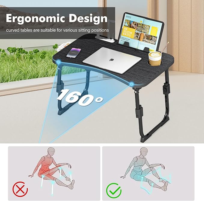 Lap Desk for Bed Adjustable Height, Foldable Bed Table with Storage Drawer, Tablet Slot & Cup Holder, Portable Laptop Stand for Bed & Sofa, Bed Desk for Adults & Kids, Black