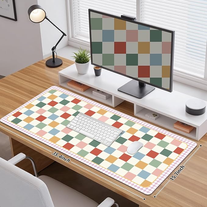 Desk Pad for Keyboard and Mouse, Large Mouse Pad for Desk, Non-Slip Keyboard Mat, Computer Mats for Desk, Cute Desk Pad with Stitched Edges for Office, Gaming I Multicolored Plaid