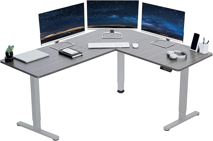 VIVO Corner Standing Desk, 63 x 55 inch Reversible L-Shaped Workstation, Electric Height Adjustment, Home, Office, and Reception Rooms, Dark Gray Table Top Gray Frame, DESK-E3CTGG