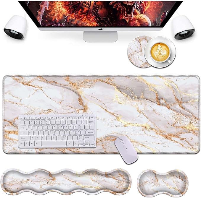 Keyboard Wrist Rest and Mouse Pad Wrist Support Set,Ergonomic Memory Foam Wrist Pad & Non Slip Base for Home Office Working Studying Easy Typing,Rose Gold Marble