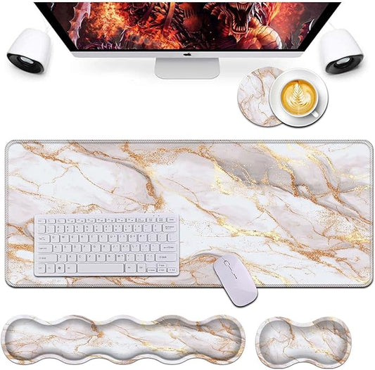 Keyboard Wrist Rest and Mouse Pad Wrist Support Set,Ergonomic Memory Foam Wrist Pad & Non Slip Base for Home Office Working Studying Easy Typing,Rose Gold Marble