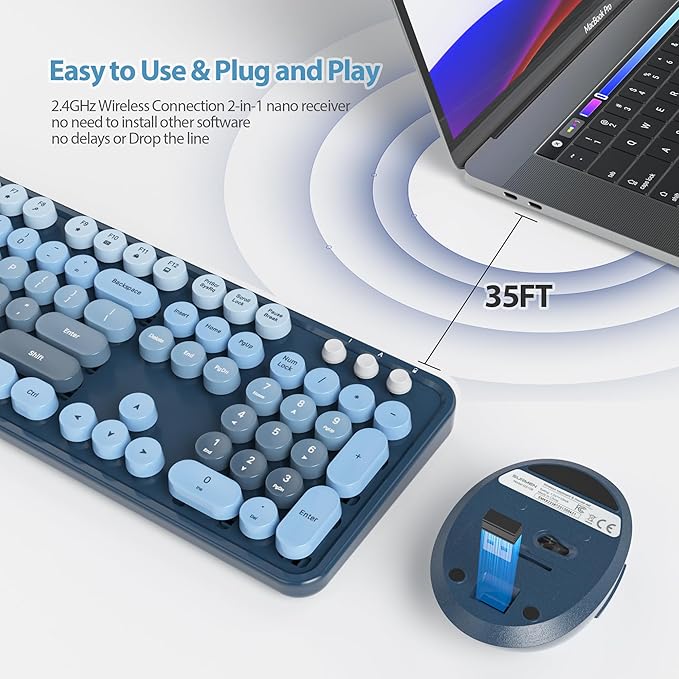 Blue Keyboard and Mouse Combo Wireless, 2.4G Full Size 104-Key Retro Typewriter Keyboards Round Keys for Students Teenagers Home Office PC Laptop(Ocean Blue)