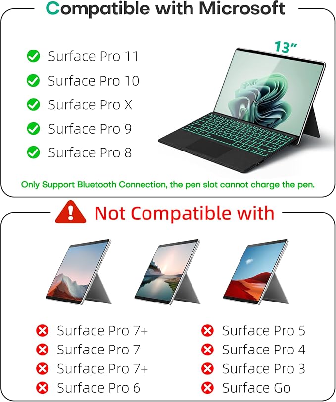Surface Pro Keyboard for Microsoft Surface Pro 11/10/9/8/X 13", 7 Color Backlits Portable Type-Cover, Bluetooth Wireless Magnetic Ergonomic Ultra Slim Keyboard, Trackpad, USB-C Recharge, Pen Holder
