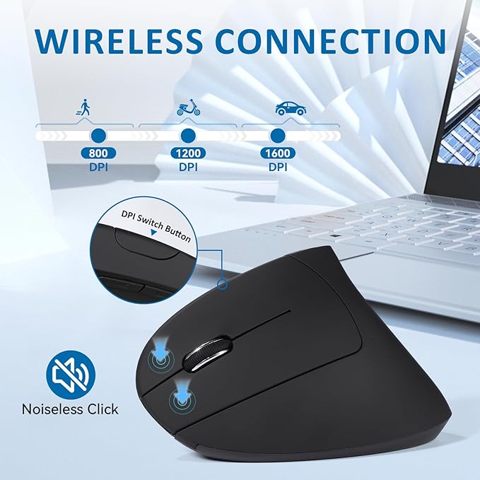 Left Handed Mouse, 2.4G Wireless Left Handed Ergonomic Mouse with 800/1200/1600 Adjustable DPI, 6 Buttons Wireless Vertical Mouse for MacBook/Laptop/PC/Desktop-Black