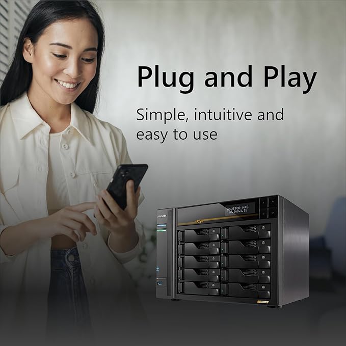 Asustor Lockerstor 10 Gen3 AS6810T 10 Bay NAS, AMD Ryzen Quad-Core 2.3 GHz, 16GB RAM ECC DDR5, 4 M.2 NVMe Slots, Dual 5GbE and Dual 10GbE Port, USB 4.0 Type-C, Network Attached Storage (Diskless)