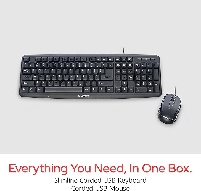Verbatim Slimline Wired Keyboard and Mouse Combo USB Plug-and-Play Numeric Keypad Adjustable Tilt Legs Optical Corded Mouse Full-Size Computer Keyboard Compatible with PC, Laptop - FFP Packaging Black