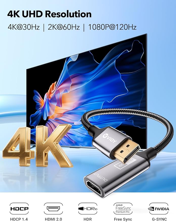 VIOY Displayport to HDMI Adapter, 1440p@60Hz 1080p@60Hz Uni-Directional DP (Source) Male to HDMI (Display) Female, 4K Display Port Adapter for Monitor, AMD, NVIDIA, HP, Dell, Lenovo