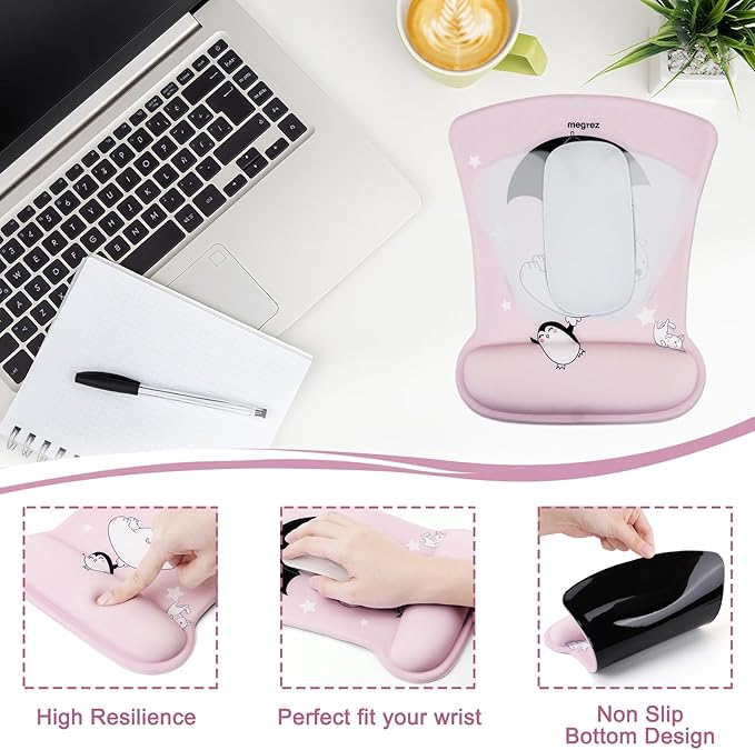 MEGREZ 4-in-1 Ergonomic Memory Foam Wrist Rest Set, Desk Pad, Mouse Pad with Wrist Rest, Keyboard Pad, Suitable for Office Workers, Programmers & Gamers–Relieve Typing & Gaming Fatigue, Pink