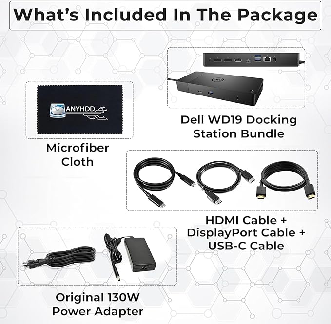 Dell WD19 130W Docking Station Bundle with 130W Power Adapter + HDMI Cable + DisplayPort Cable + USB-C Cable + Microfiber Cloth Included