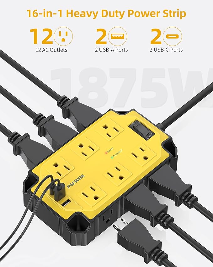 Surge Protector Power Strip 15 Amps/1200 Joules, 12 Outlets with 4 USB Ports (2 USB-C), Magnetic Heavy Duty Power Strip, 6.5 FT Extension Cord for Industrial Shop Garage (Yellow)
